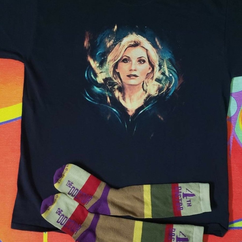 Doctor Who merch shirt sock pin bundle